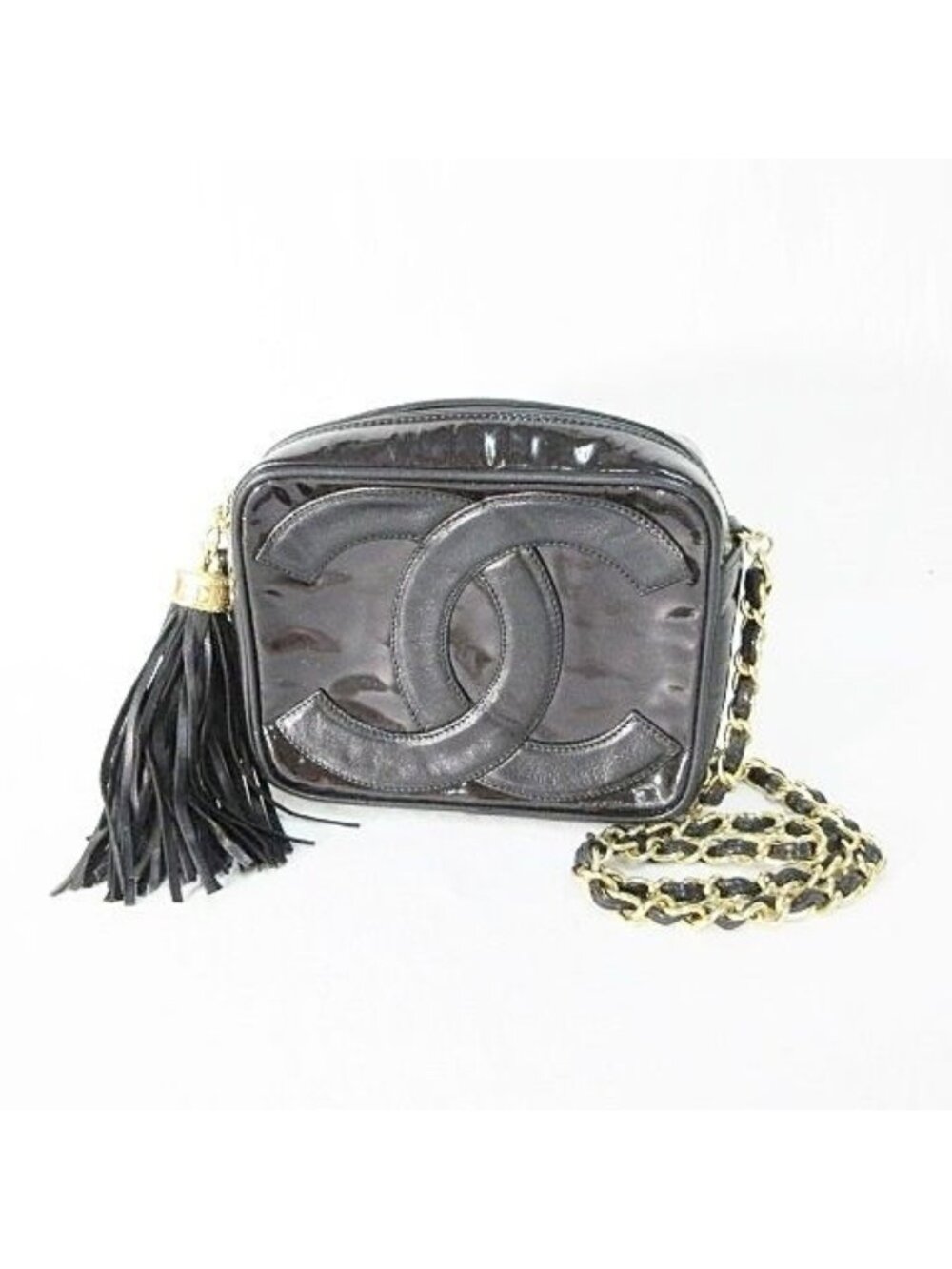 Chanel Shoulder Bag Chain Tassel CC Logo CC Enamel Black